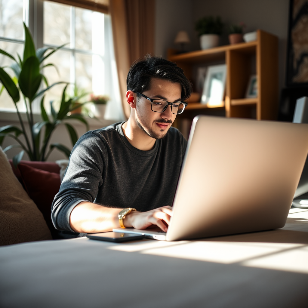 Person working on a laptop from home, representing freelance work