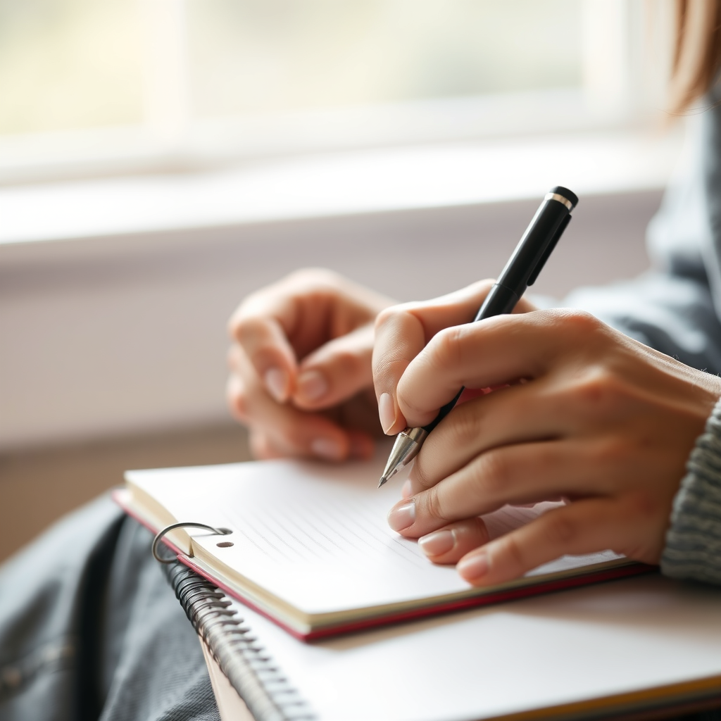 Person writing on a notepad, representing freelance writing